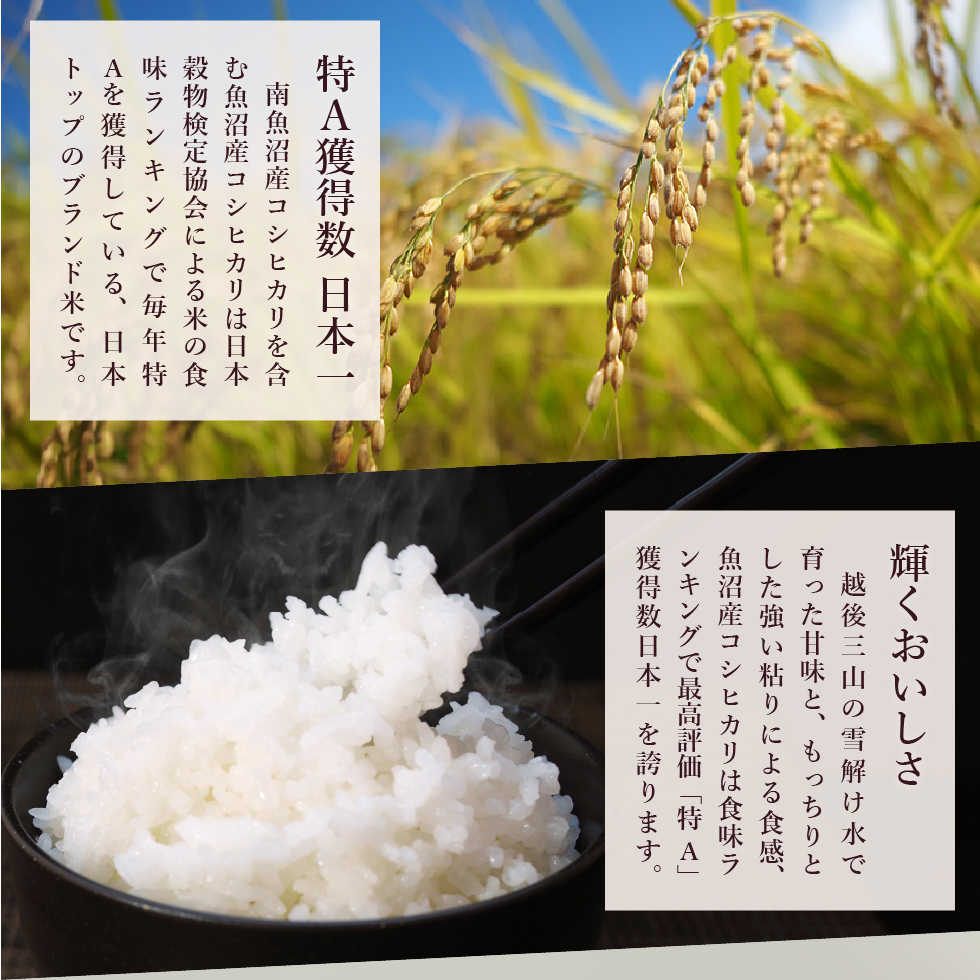 特Ａ獲得数 日本一。　南魚沼産コシヒカリを含む魚沼産コシヒカリは日本穀物検定協会による米の食味ランキングで毎年特Ａを獲得している、日本トップのブランド米です。輝くおいしさ。　越後三山の雪解け水で育った甘味と、もっちりとした強い粘りによる食感、魚沼産コシヒカリは食味ランキングで最高評価「特A」獲得数日本一を誇ります。