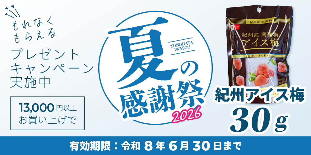 夏の感謝祭プレゼントキャンペーン実施中。13,000円以上お買い上げで紀州アイス梅30g。有効期限：令和8年6月30日まで