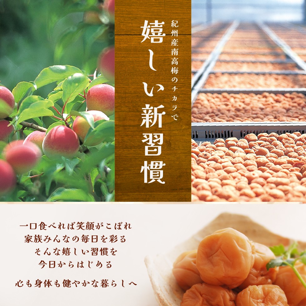 紀州産南高梅のチカラで嬉しい新習慣。一口食べれば笑顔がこぼれ家族みんなの毎日を彩る。そんな嬉しい習慣を今日からはじめる、心も身体も健やかな暮らしへ。